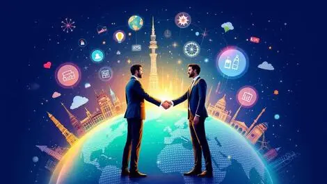 Business professionals shaking hands globe retail commerce icons uk india