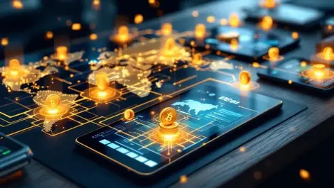 International bank desk digital wallets world map blockchain flow