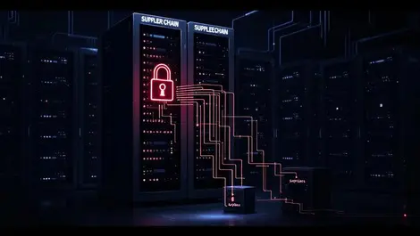 Moody server room supply chain breach glowing red lock icon