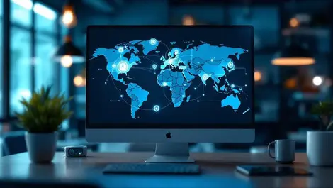 Photorealistic desktop world map connections shields locks cool light