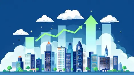 Ict cloud services growth office skyline bar chart arrows profit