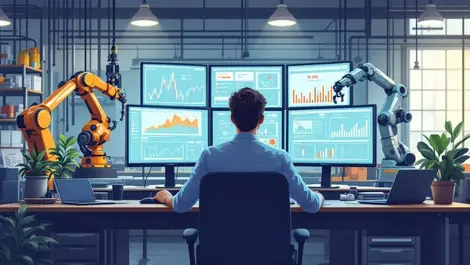 Entrepreneur monitors ai automation charts and robotic arms office