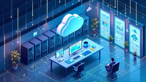 Clean isometric data center control room ai workflow ux vm container clusters
