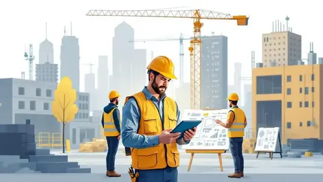 Construction team manager tablet blueprints ai workflow icons